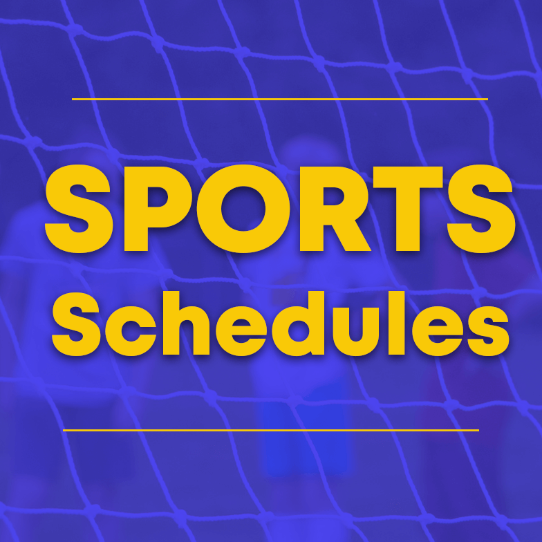 Blue and yellow square with Sports Schedules text